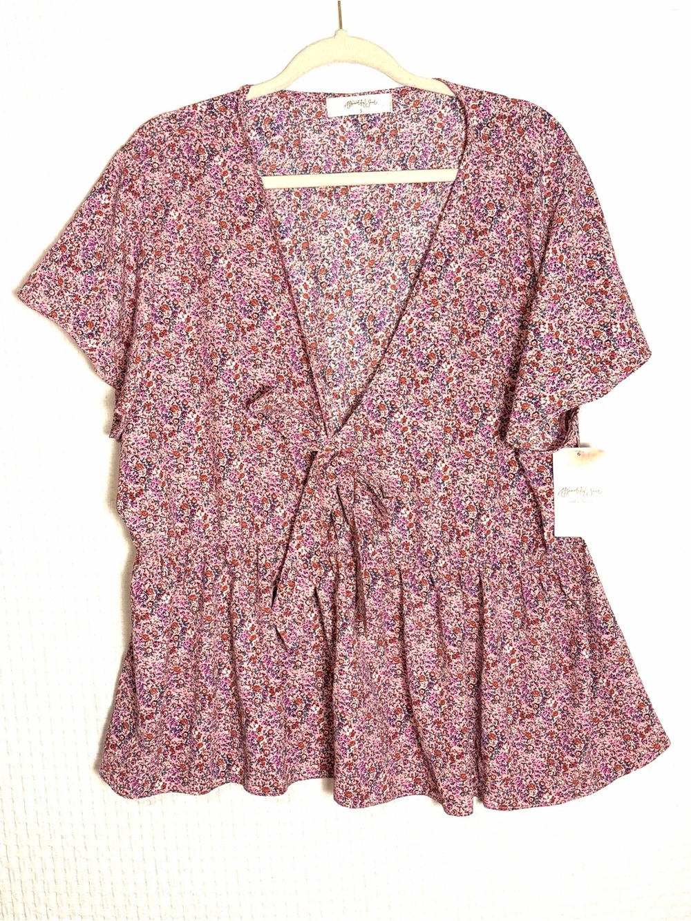 NEW A Beautiful Soul V-neck Floral Top Women B Size 2X Bow Peplum Mauve Cottage